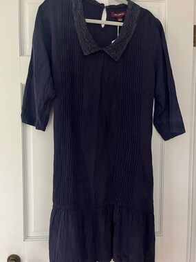 April Cornell navy Crochet-Collar Pintuck Dress NWT Large